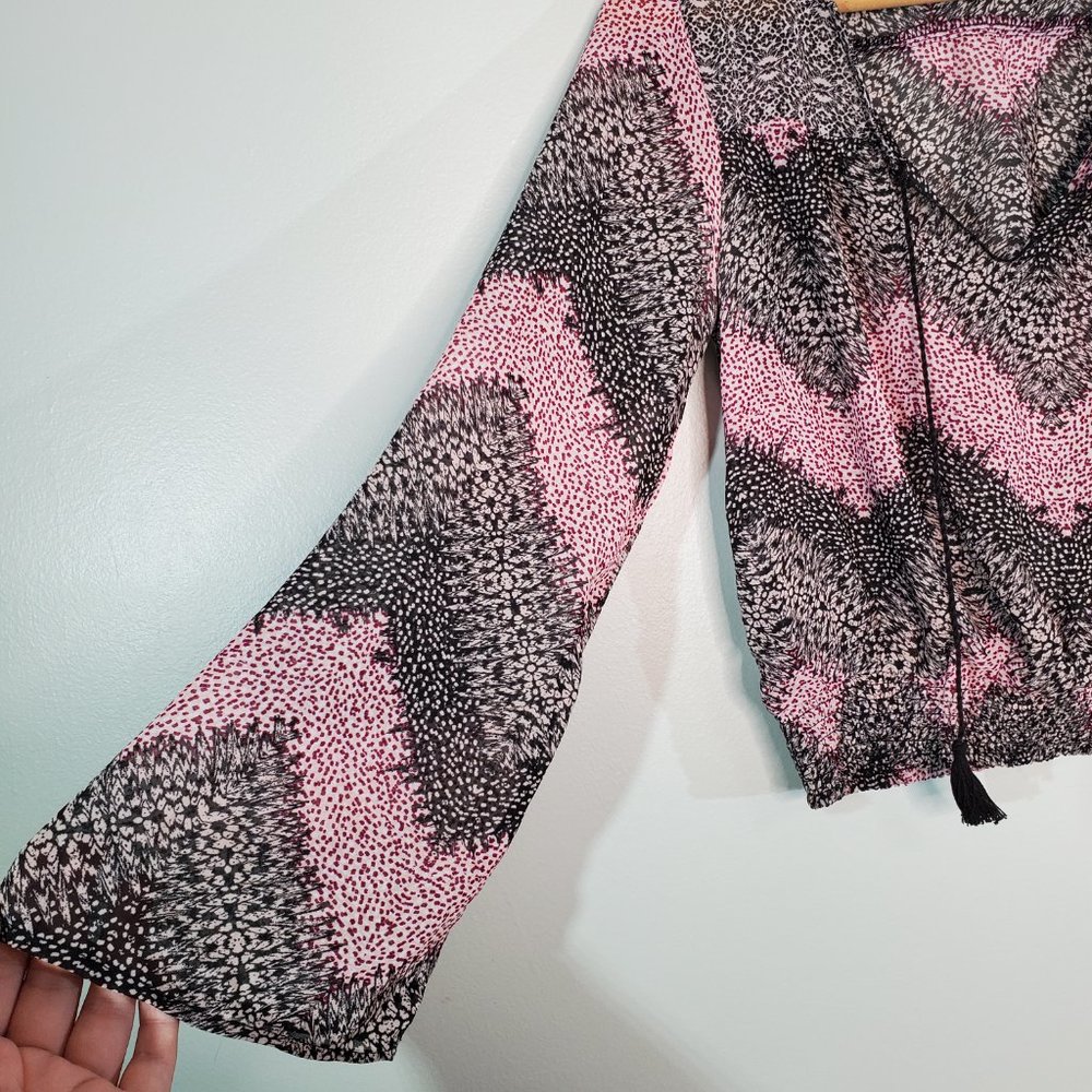 love, Fire Black and Pink Crop Top Dotted Print Long Sleeve Sheer Crop T… - Picture 3 of 8
